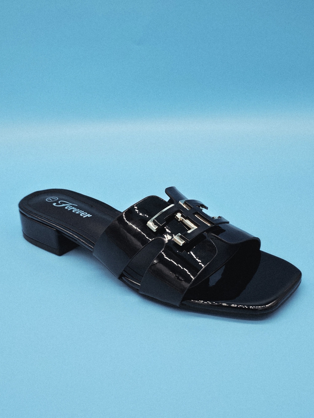 Forever Link Black Patent Slide Mule with Gold-Tone Buckle